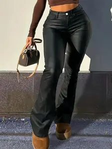 Women's Plain Button Fly Flare Leg Denim Leggings Pants, Fashion Casual Pocket Design Bell Bottom Skinny Jeans for Daily Outdoor Wear, Ladies Bottoms for All Seasons