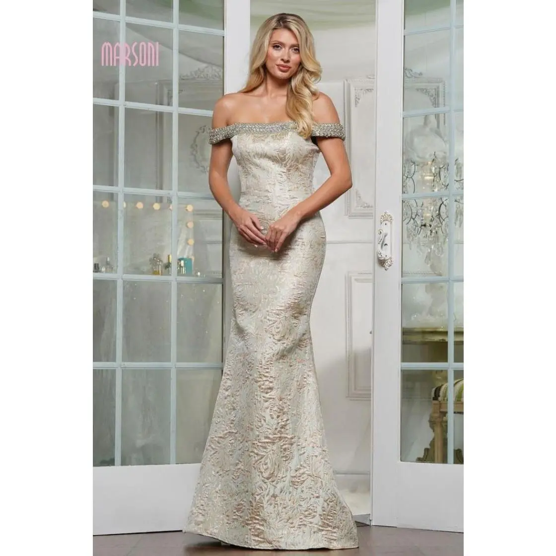 Marsoni by Colors Dress -MV1346 Off-Shoulder Jeweled Jacquard Evening Gown