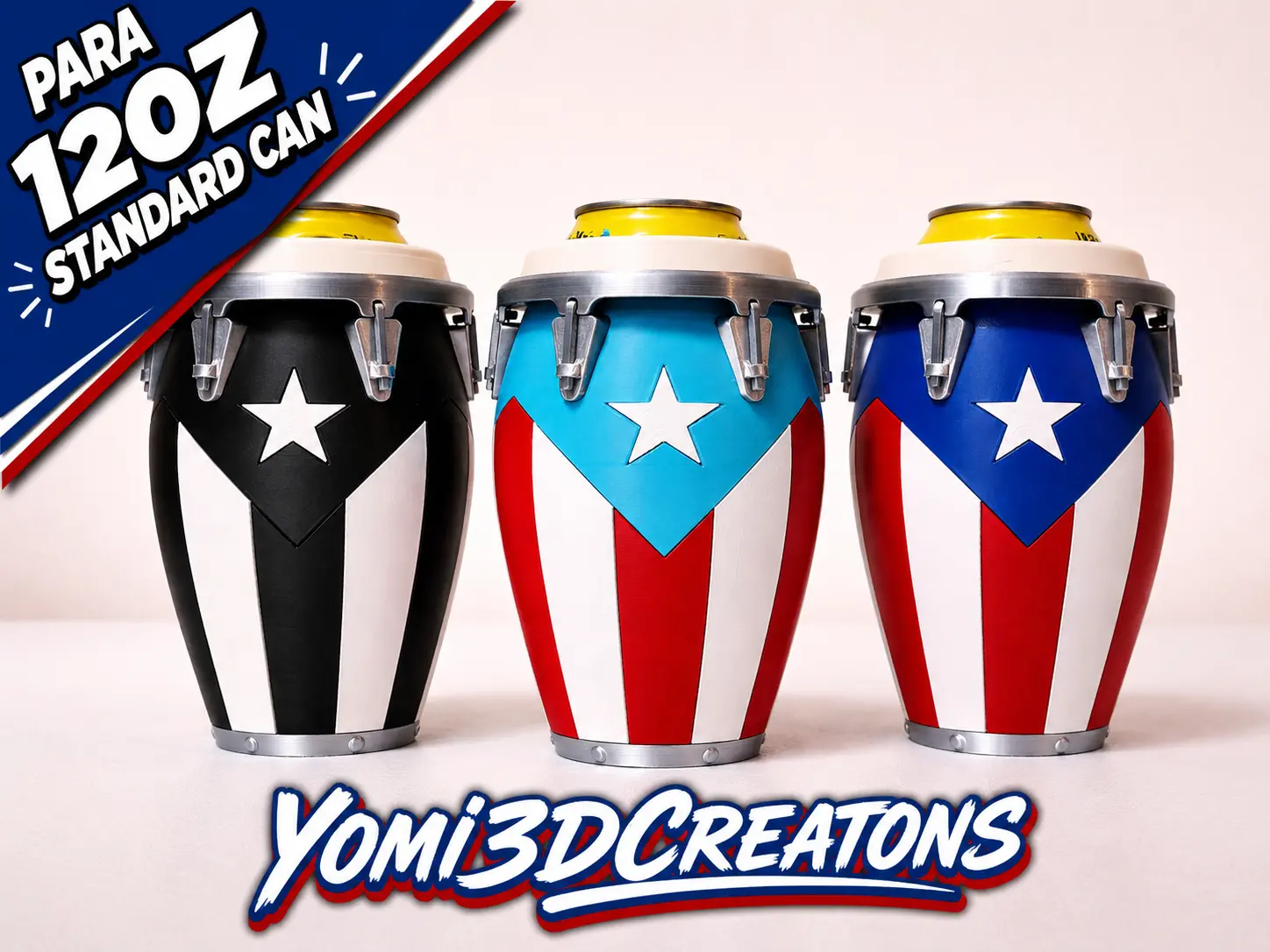 3D Printed Conga Style Can Holder Puerto Rican Flag Boricua Tumbler Caribbean Gift 12oz