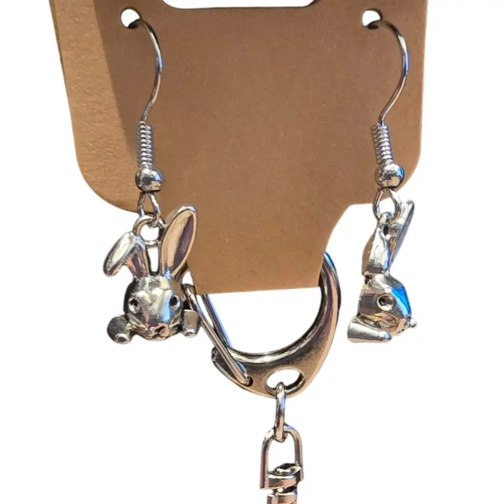 Silver Bunny Earrings with Keychain - Elegant Design, Adjustable Fit, Perfect for Everyday Wear