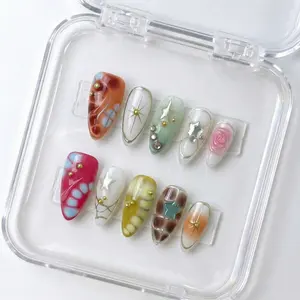 Pressure-fit manicure: An almond-shaped French-style pointed soft gel pressure-fit manicure set (including nail stickers and nail glue), short style series, multiple sizes, reusable chrome-colored French-style fake nails set, suitable as a gift for others