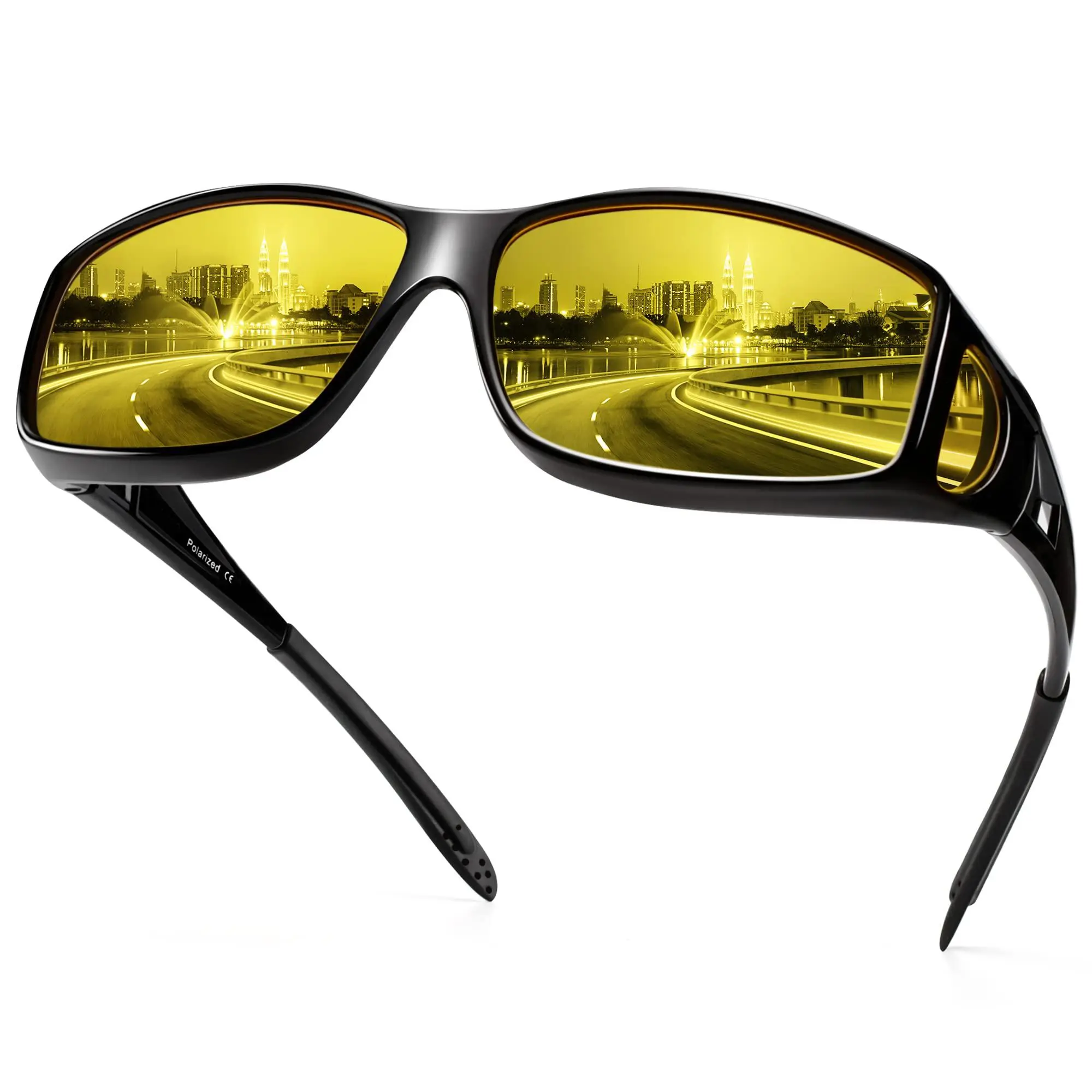 HAOLOTA Night Vision Driving Glasses Fit Over Prescription Anti-Glare Polarized HD Yellow Lens Sunglasses for Men Women TR90 Frame TAC Lenses