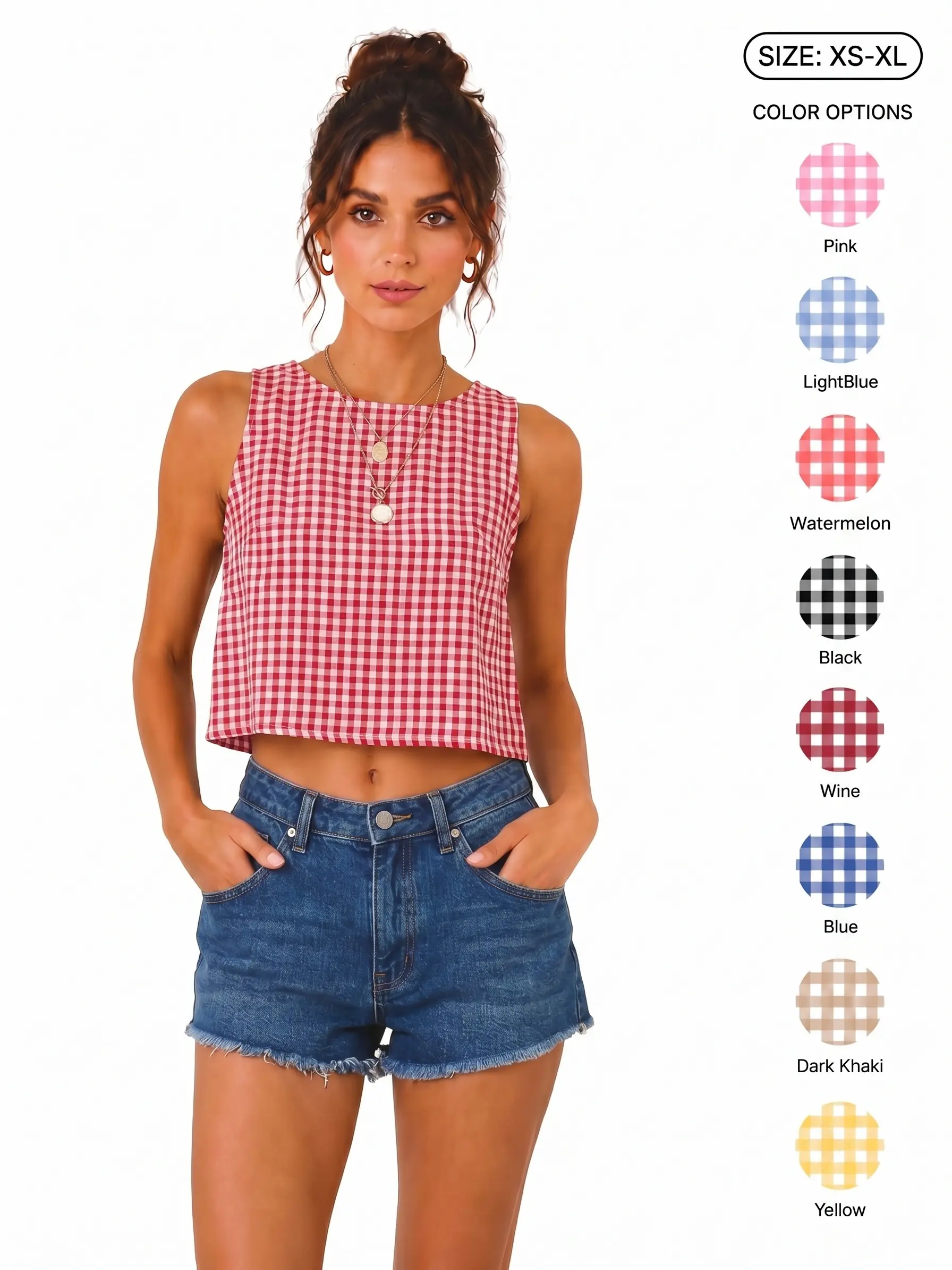 IDEALSANXUN Women's Gingham Crop Tank Top - 2026 Spring Summer Soft Cotton Fabric Sleeveless Vest, Flowy Ruched Cute Top for Beach Outfits, Women's Fashion Blouses & Clothes,back to school,back to school shopping Cropped Fit