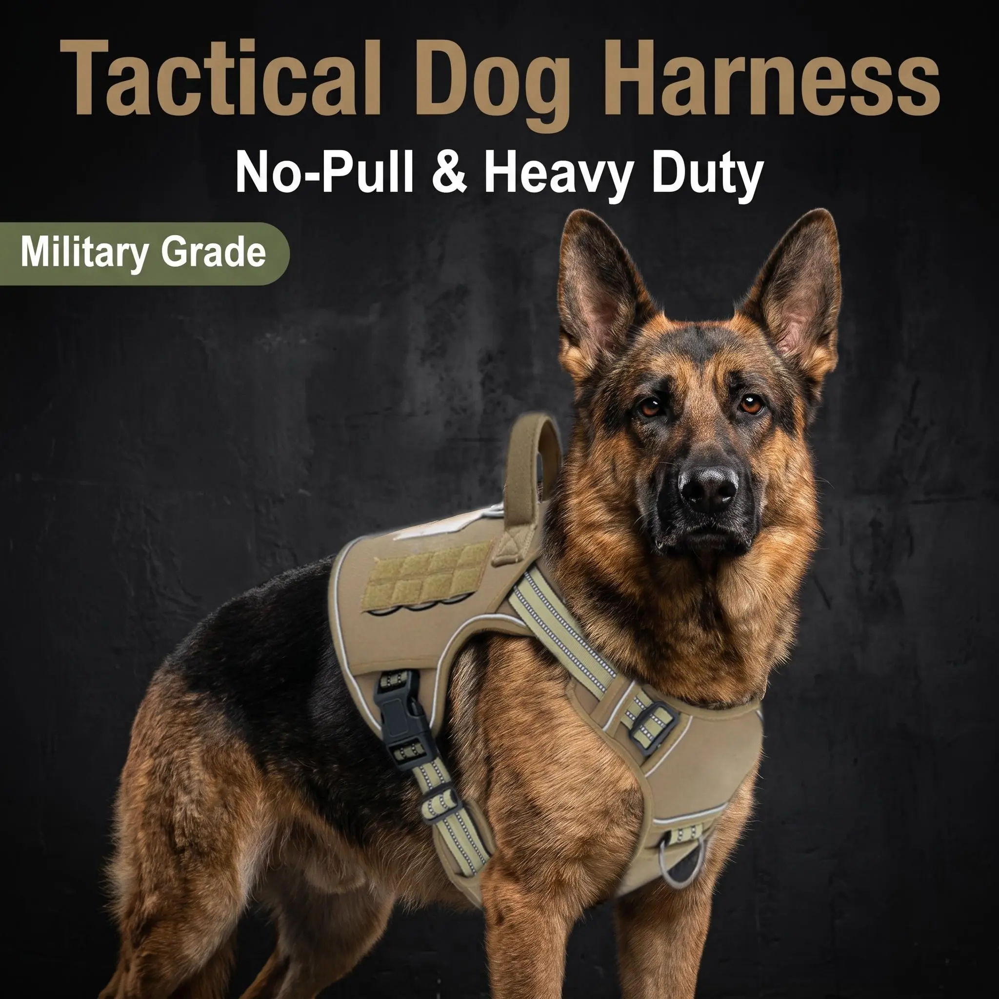 Tactical Nylon Dog Protective Harness Vest - Front Clip, Service & Hunting Use, Adjustable Straps, Snap Buckle, Flexible Leash, Durable, Reflective No-Pull, Molle System, ID Tag, Easy Control, Walking Safety, Multi-Size for Small to Large Dogs, Pet Supply