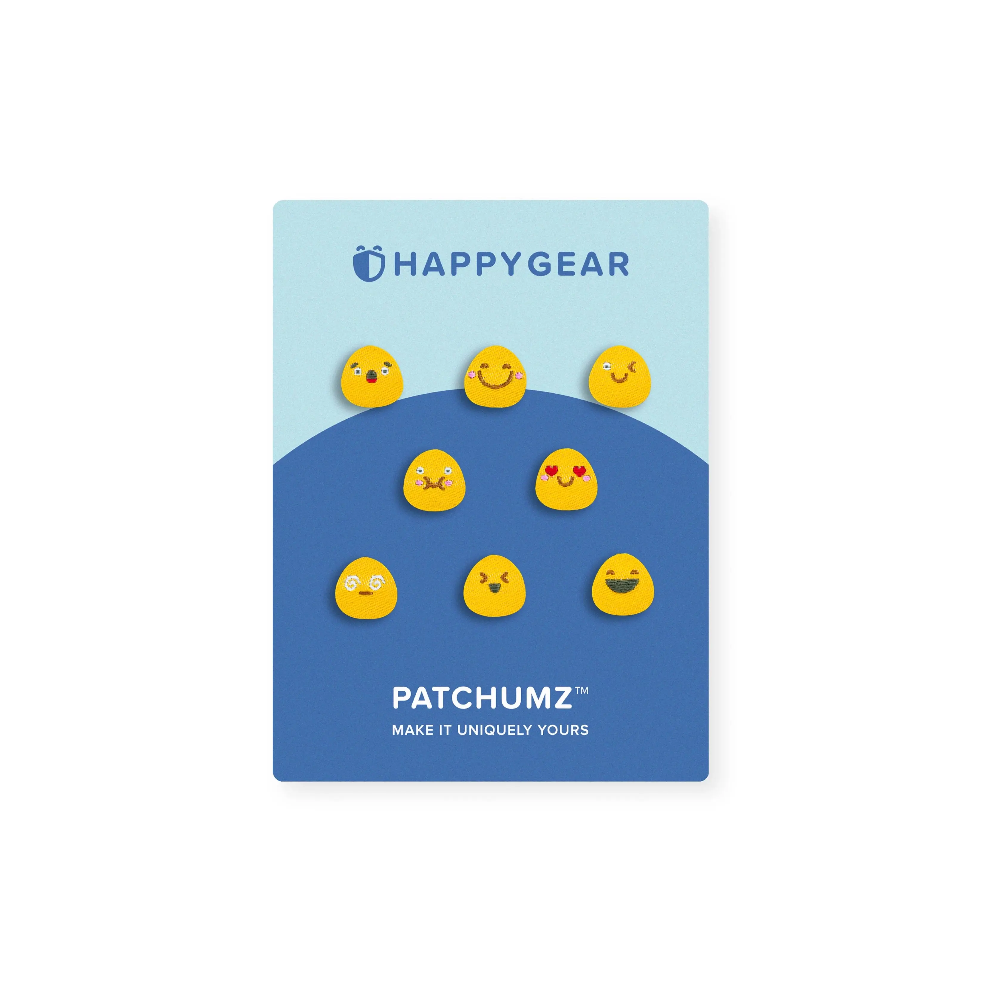Emoji Buds Patchumz – Swappable hook-and-loop patches stick to our unique soft fabric. No ironing.