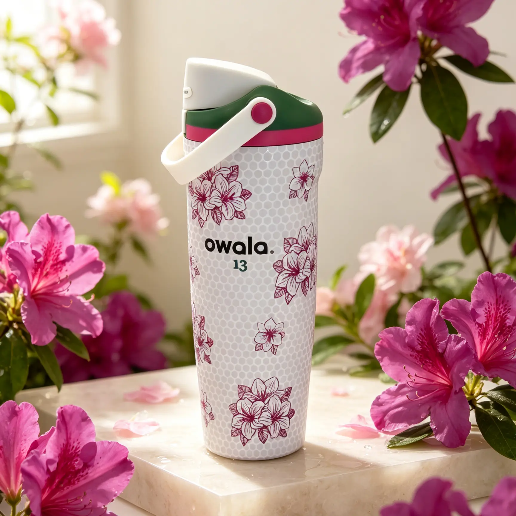 30oz Owala FreeSip Tumbler Masters Tournament Azalea Floral Limited Edition, Double Wall Cold 24H Stainless Steel Water Bottle with Portable Strap, Leak Proof Golf Travel Sports Cup