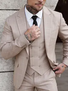 Men's 3-Piece Suit Double Breasted Set with Vest for Business Casual and Formal Events Groom Party Occasion Longsleeves Matching Burgundy Checked Fabric Vneck Menswear Workwear