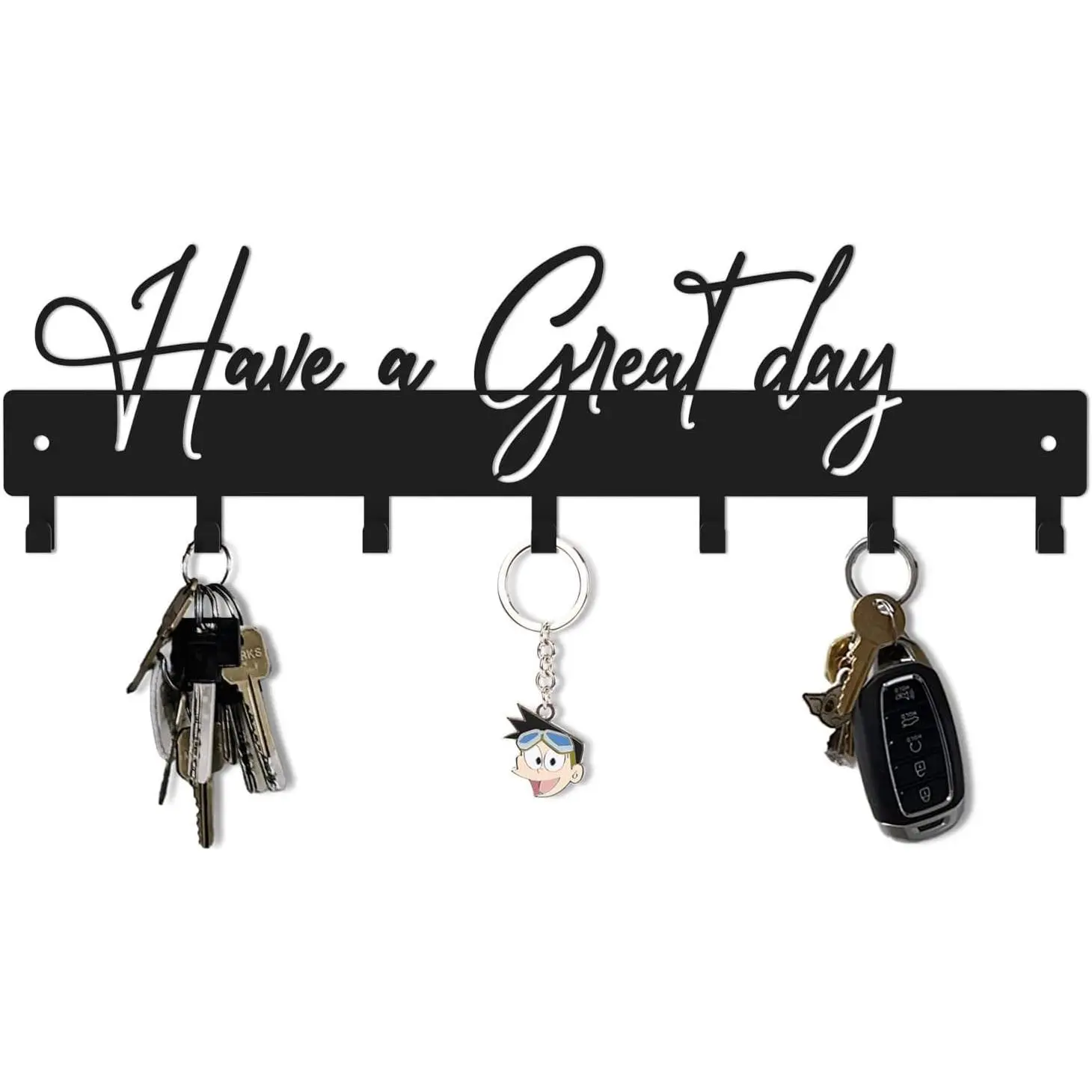 Key Hooks for Wall Decoration,Delicate Fashion Black Metal Key Holder Wall Mount,Have a Great Day Key Hanger with 7 Kooks for Hallway,Office