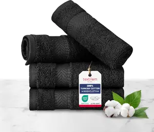 TEXTILOM 100% Turkish Cotton 4 Piece Luxury Washcloth Towel Set for Bathroom & Kitchen, Thick & Super Soft & Highly Absorbent & Quick Dry for Face and Hand- Black Textilom