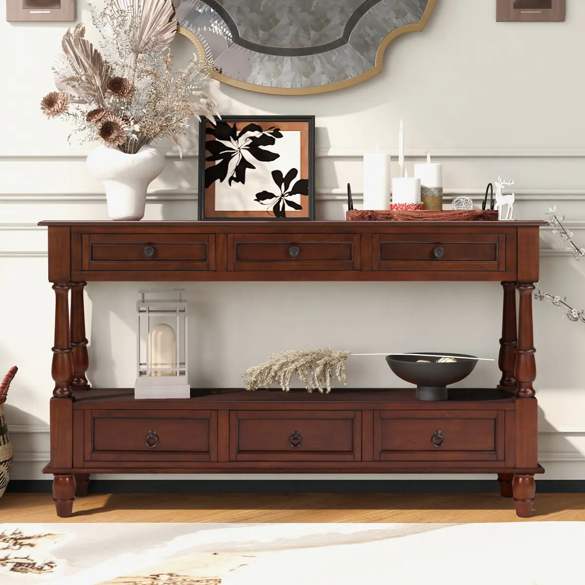 Console Table Solid Wood Sideboard with 6 Drawers and Shelf, Vintage 54'' 2-Tier Wood Couch Foyer Table for Living Room, Hallway, Entrance (Cherry)