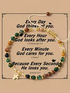 Boho Natural Stone Strawberry Quartz Cross Bracelet, Adjustable Woven Rope, Colorful Gemstones, Faithful Gentle Accessory, Women's Gift, Cross Charm, Symbolic Accessory, Every Day, God Thinks Of You