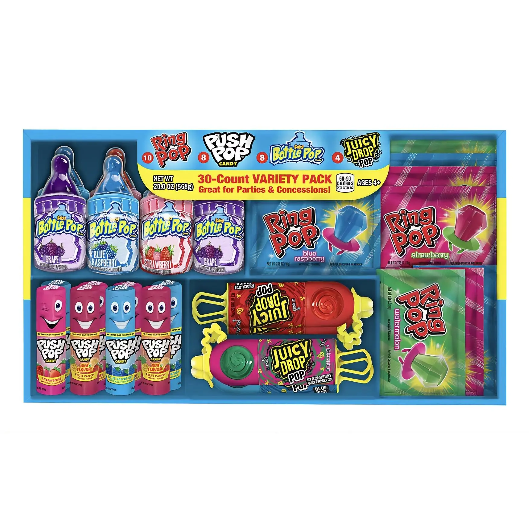 30 ct Variaty Pack : 4 Juicy Drop , 8 Baby Bottle Pops , 10 Ring Pops, 8 push pops