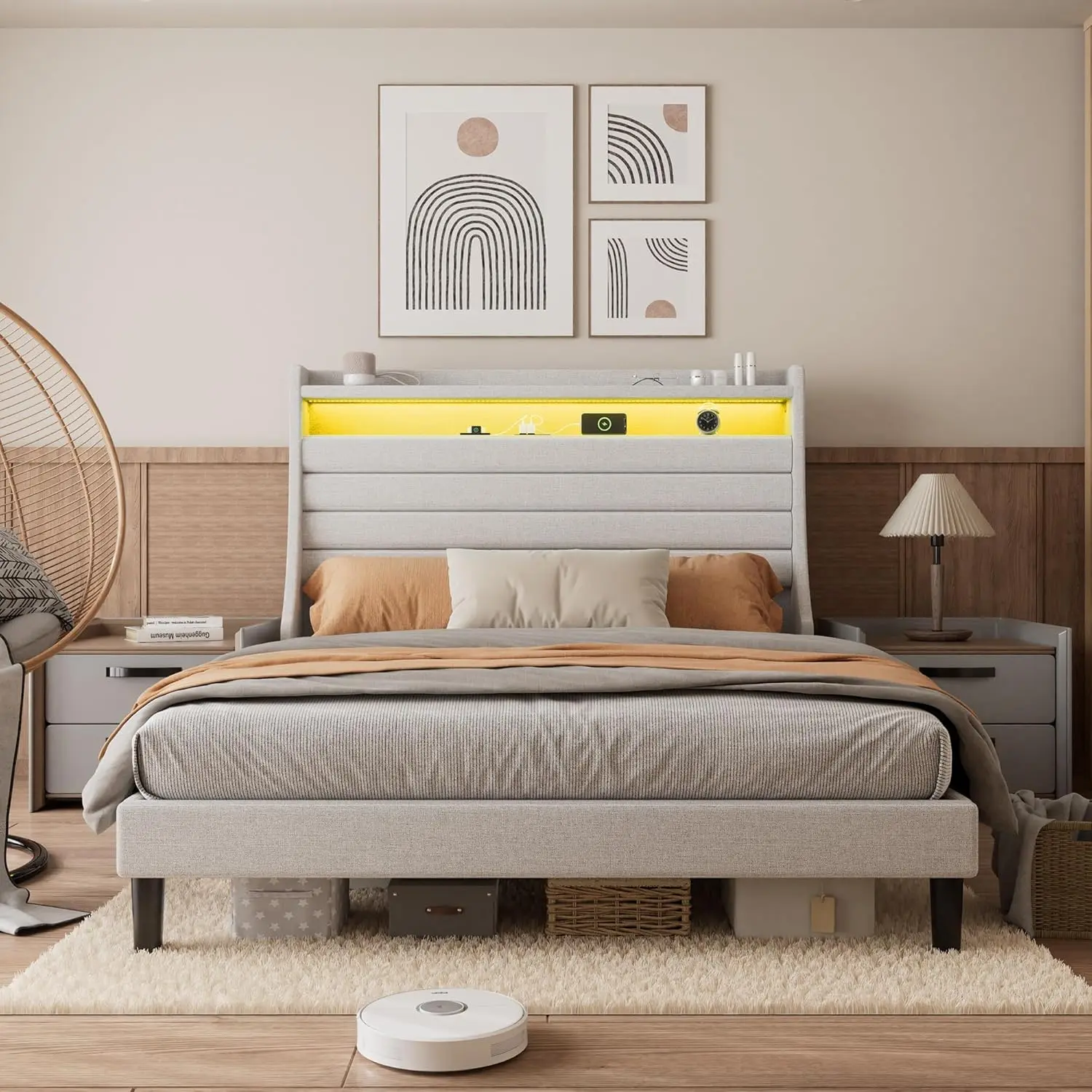 Beige QUEEN Size High Headboard Storage Rack, MDF with Linen & Sponge Upholstery, Horizontal Striped Design for Soft Bed
