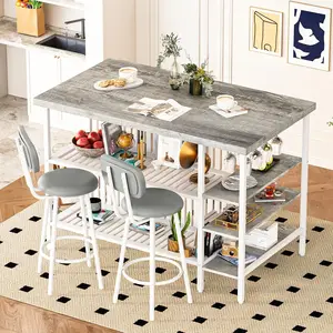 Hooseng 3-Piece Kitchen Island Set with 2 PU Stools | Small Dining Table with 5 Open Shelves | Easy Assembly & All Tools Included | Bistro Table for 2, Kitchen & Small Spaces