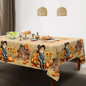 Farmhouse Fall Tablecloth – Scarecrow, Pumpkin & Sunflower Print on Beige – Durable Polyester Thanksgiving & Halloween Table Cover for Indoor/Outdoor Dining Decor