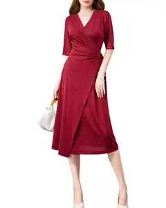 Women's V-neck Wrap Midi Dress with Half Sleeves Casual Dress Workwear LE-LQ008