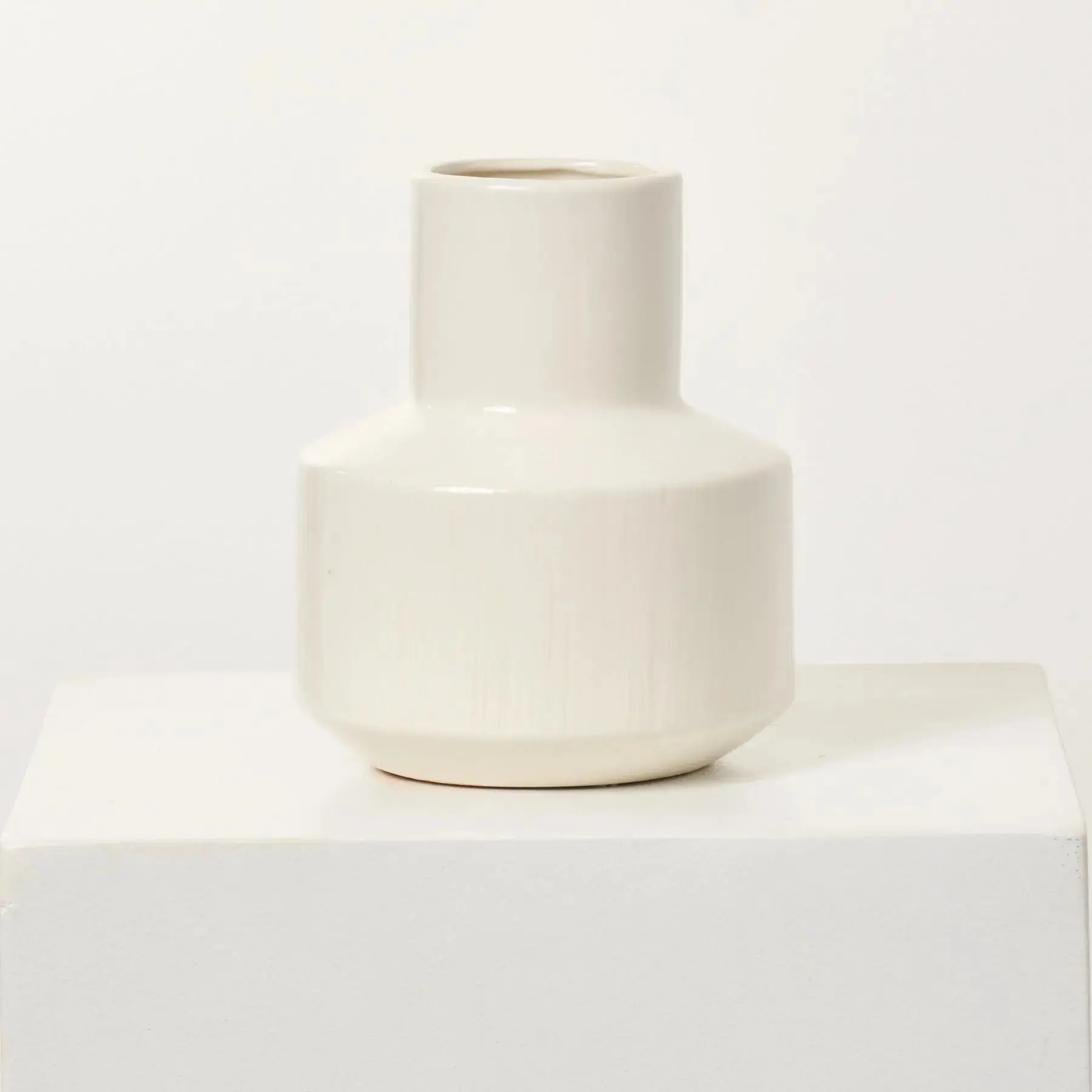 Glossy Finish White Ceramic Modern Long Neck Flower Vase, 7" L x 7" W x 7.5" Decorative Vases, Home Decor Accessory for Table Display with Flowers or Fruits