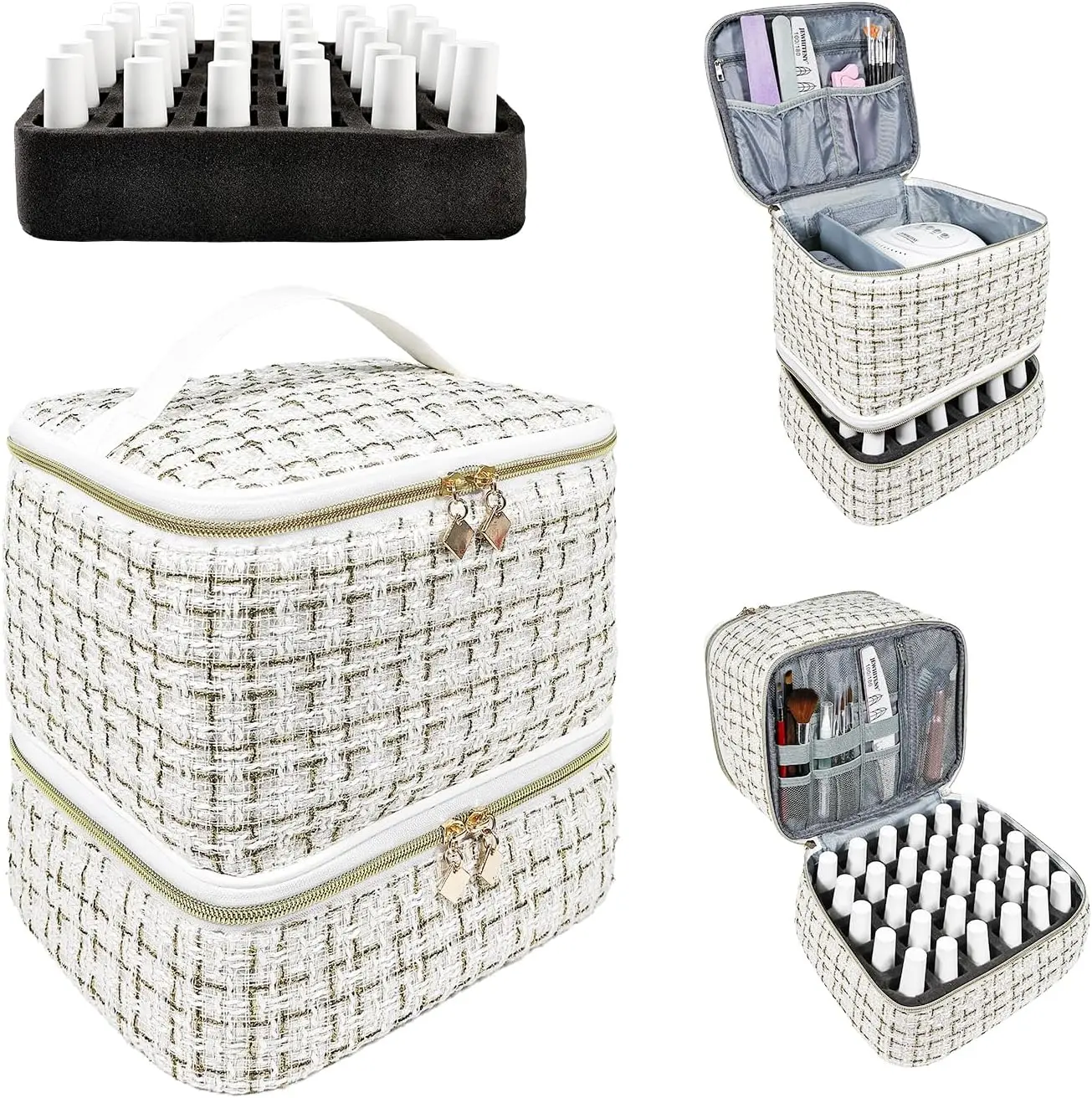 JEWHITENY Nail Polish Organizer Bag Holds 30 Bottles & Nail Lamp,Double-Layer Nail Polish Storage Bag with Adjustable Dividers,Portable Nail Kit Bag For Nail Stuff & Manicure Tools (White)