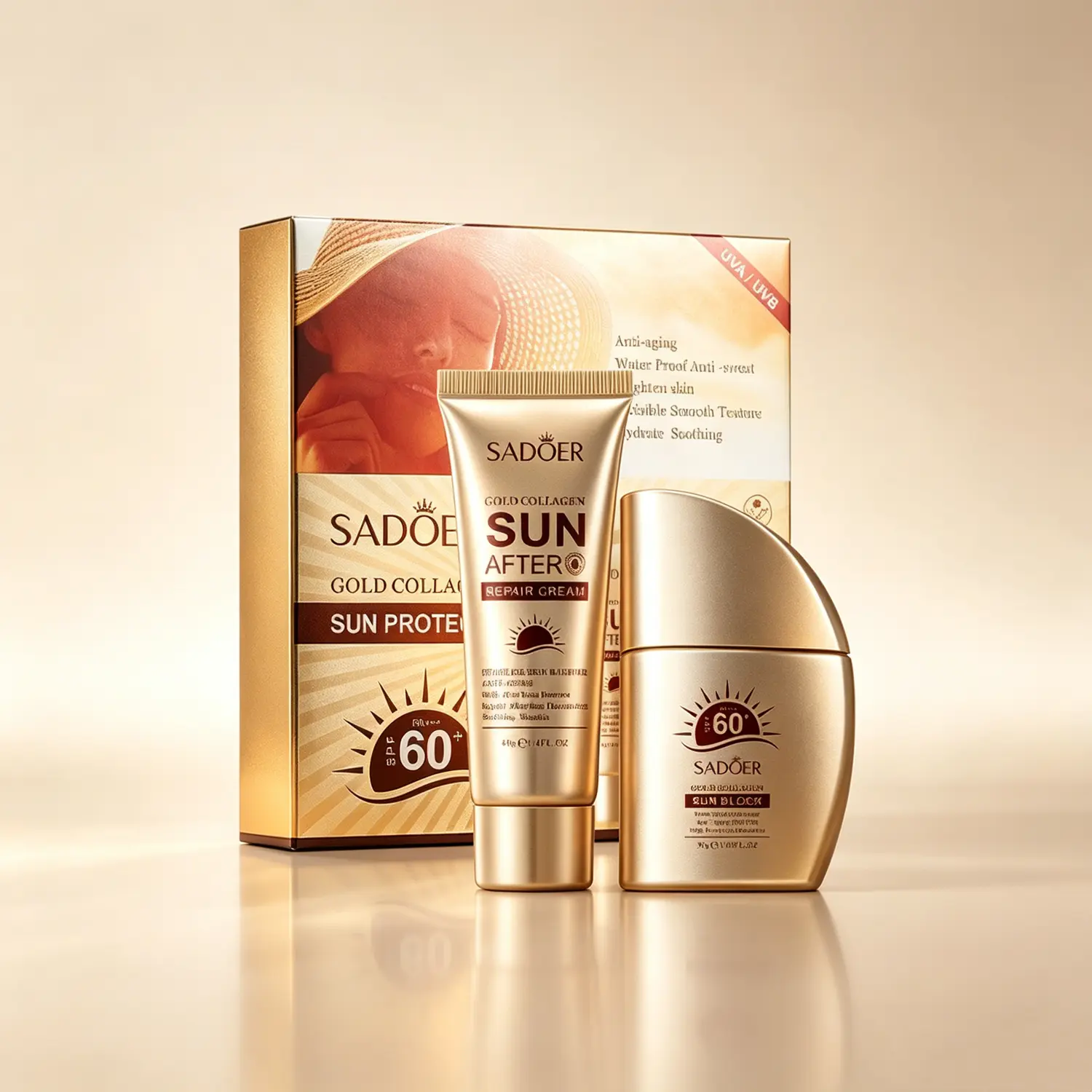 SADOER Sun Block & Sun After Repair Cream Set, SPF 60 PA+++, Lightweight Non-Greasy Gentle Formula, UVA/UVB Protection, Water-Resistant for Face & Body, Adults All Skin Types