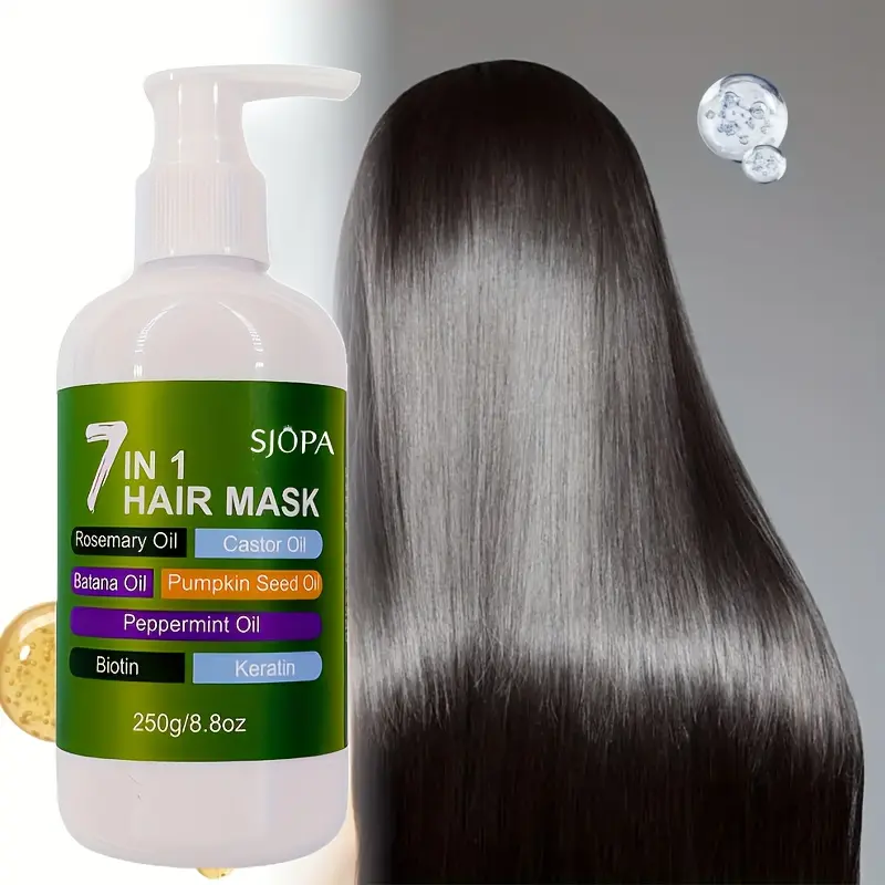 7-in-1 Deep Hair Mask with Rosemary, Castor, Pumpkin Seed & Peppermint Oils - Biotin Keratin for Split End Smoothing, Moisturizing Dry Hair, Unisex Adult Use, Hair Care, Sleek Bottle Design, Natural Ingredients Molecular Repair Hair Mask