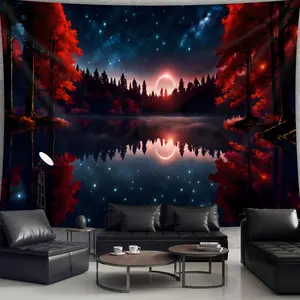 1pc Ultra Large Starry Sky Forest Lake Tapestry - Vibrant Red Leaves & Moon Reflection Digital Print, Premium Polyester Fabric with Wrinkle-Resistant & Hand-Stitched Edges, No Installation Needed for Living Room Bedroom Party Wall Decor, Lake House Decor