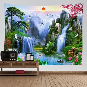 Natural scenery tapestry room aesthetic decoration mountain waterfall bird sunset flower wall hanging home decoration 11 Tree Interior