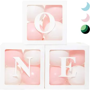First Birthday Balloon 'ONE' Boxes for Baby Girl WITH 24 Balloons - Baby 1st Birthday Girl Decoration Clear Cube Blocks 'ONE' Letters as Cake Smash Photoshoot Props First Birthday Decorations Backdrop