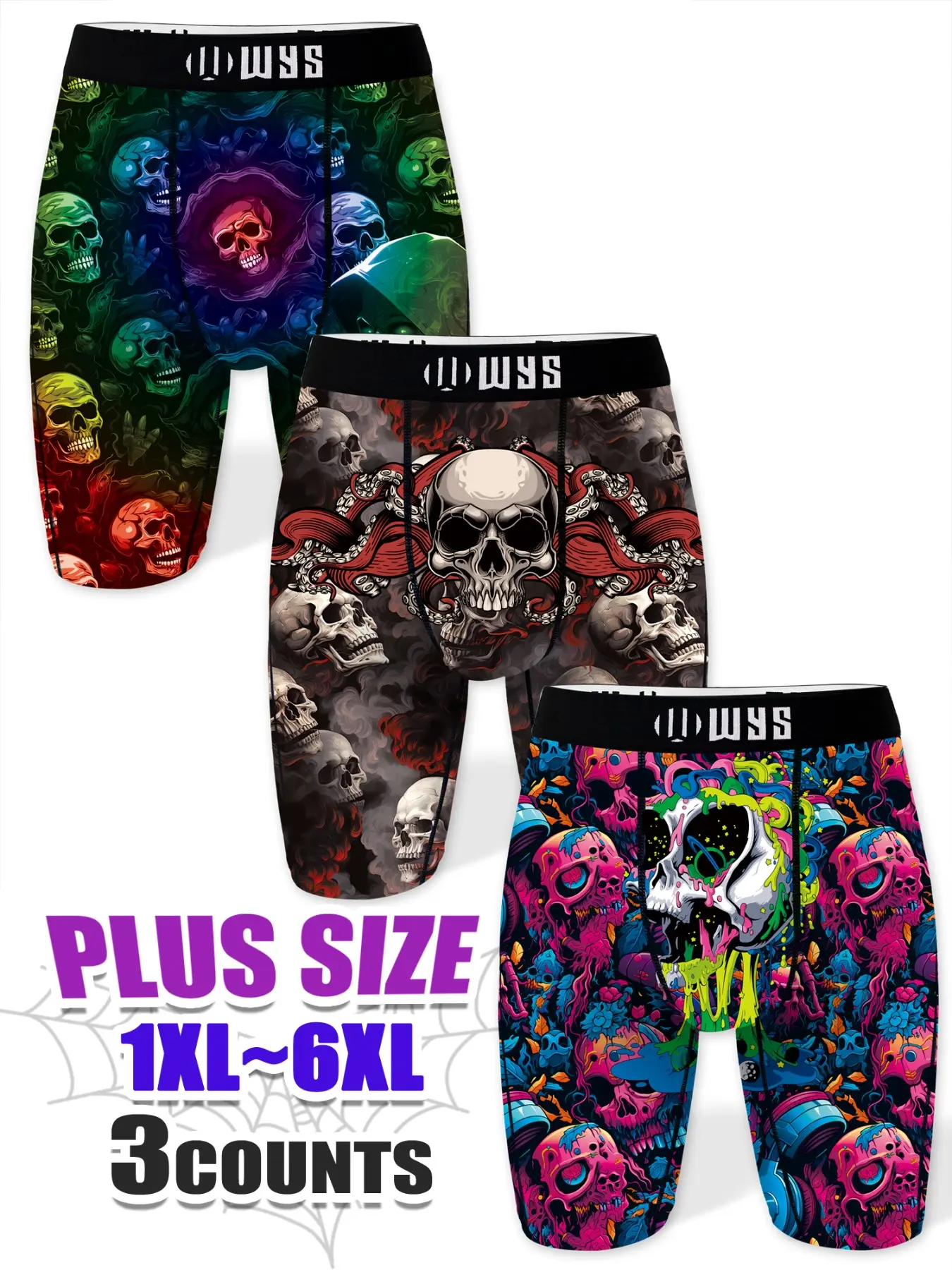 Men's Plus Size Long Briefs 1xl-6xl, Breathable Sports Underwear, Moisture Wicking, Halloween Demon Skull Print, Quick Dry, Elastic Waist, Street Style Underwear, Underwear Shorts, Streetwear Underwear