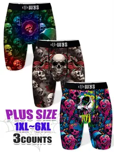 Men's Plus Size Long Briefs 1xl-6xl, Breathable Sports Underwear, Moisture Wicking, Halloween Demon Skull Print, Quick Dry, Elastic Waist, Street Style Underwear, Underwear Shorts, Streetwear Underwear
