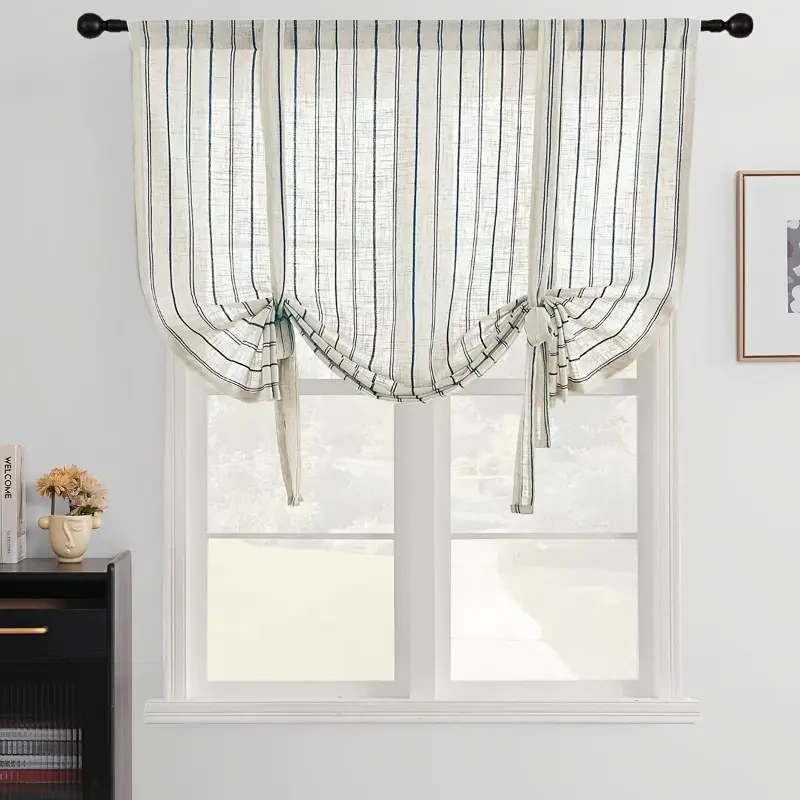1pc Blue Striped Linen Curtain, Woven Sheer Drapes, Home Decoration Curtain, Cordless Hanging, Modern Style, Kitchen Use, Korean Design, 1 Piece
