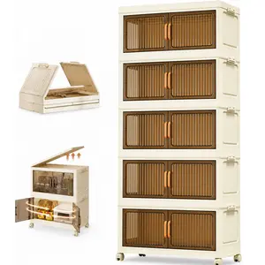 5 Tier Wheeled Stackable Plastic Storage Containers, Folding Collapsible Bins for Garage, Closet & Home Storage