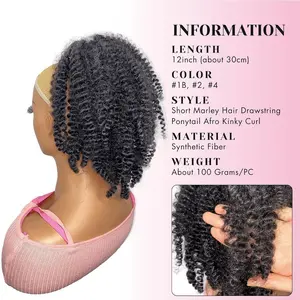 12inch Short Marley Hair Drawstring Ponytail Brown Black 4C Afro Puff Bun Braiding Hair Ponytail Synthetic Afro Kinky Curl Pony Tail Hair Piece for Black Women - 2#