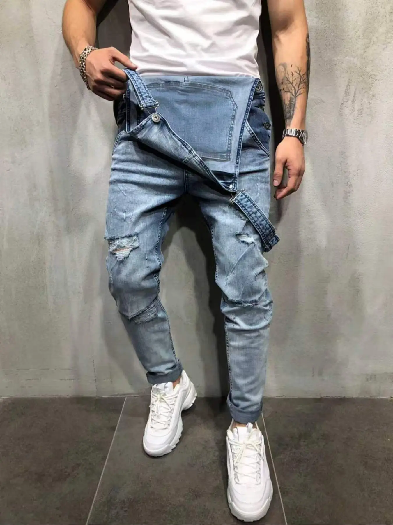 Men's Plain  Button Light Wash Denim Jean Fashion Fitted Overalls, Casual Comfy Ripped Pocket Overalls for Daily Wear, Men's Overalls for All Seasons