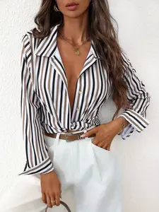 Spring Summer New Women's Striped Long Sleeve Shirt, Single Button Knit Casual Blouse, Home and Outdoors Wear, W0290