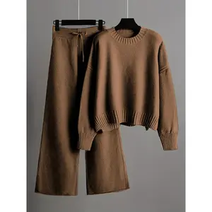 Ladies' Early Autumn New Fashion Sweater Two-piece Set: Round Neck Drop Shoulder Long Sleeve Pullover Top + Straight Wide Leg Pants Combination, Pattern Pure Color Loose Casual Series