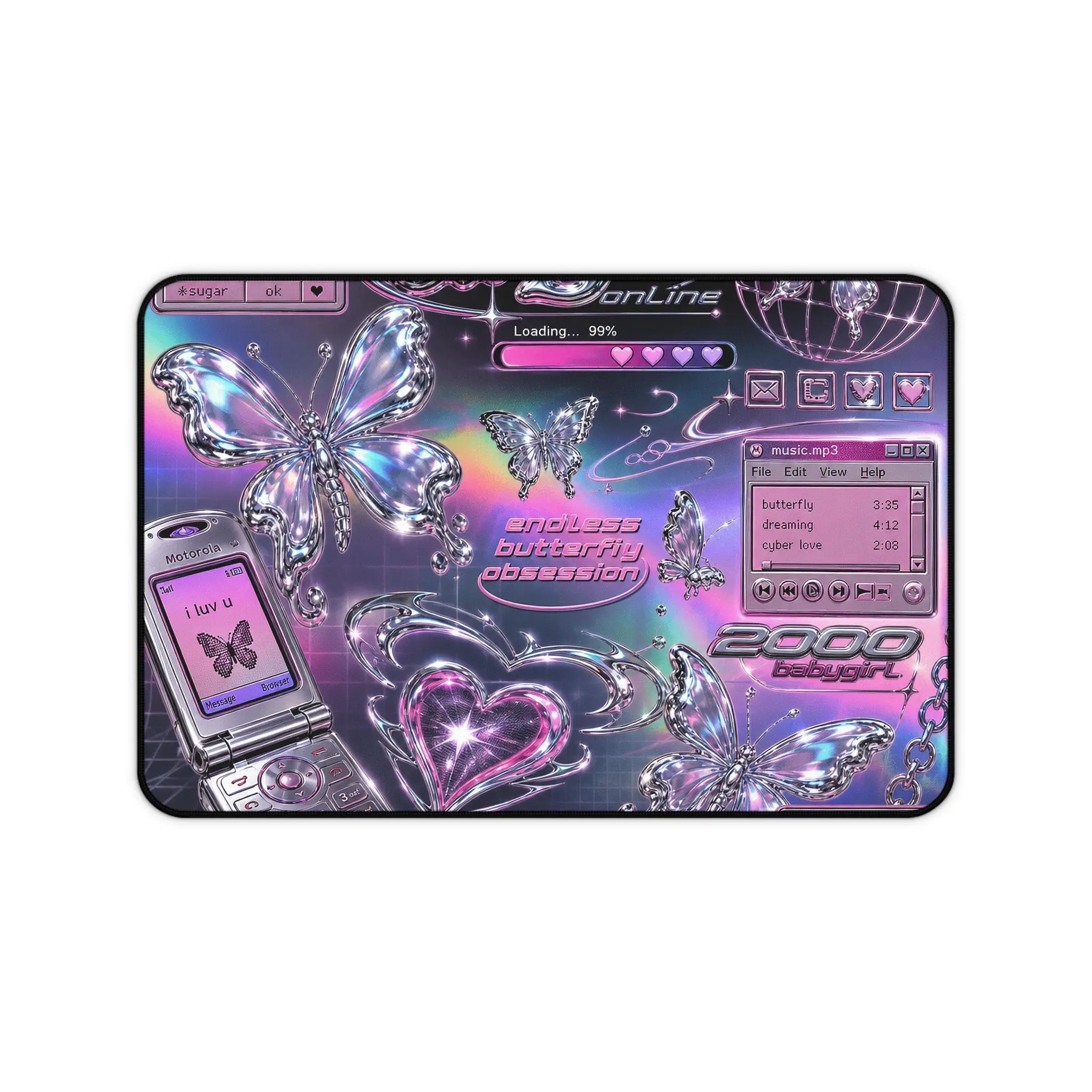 Chrome Butterfly Vaporwave Desk Mat | Y2K Heart Glitter Mouse Pad