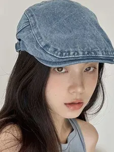 New Denim Forward Beret Hat Unisex Vintage Washed Painter Cap Fashion Casual Versatile All-Seasons Headwear for Men & Women