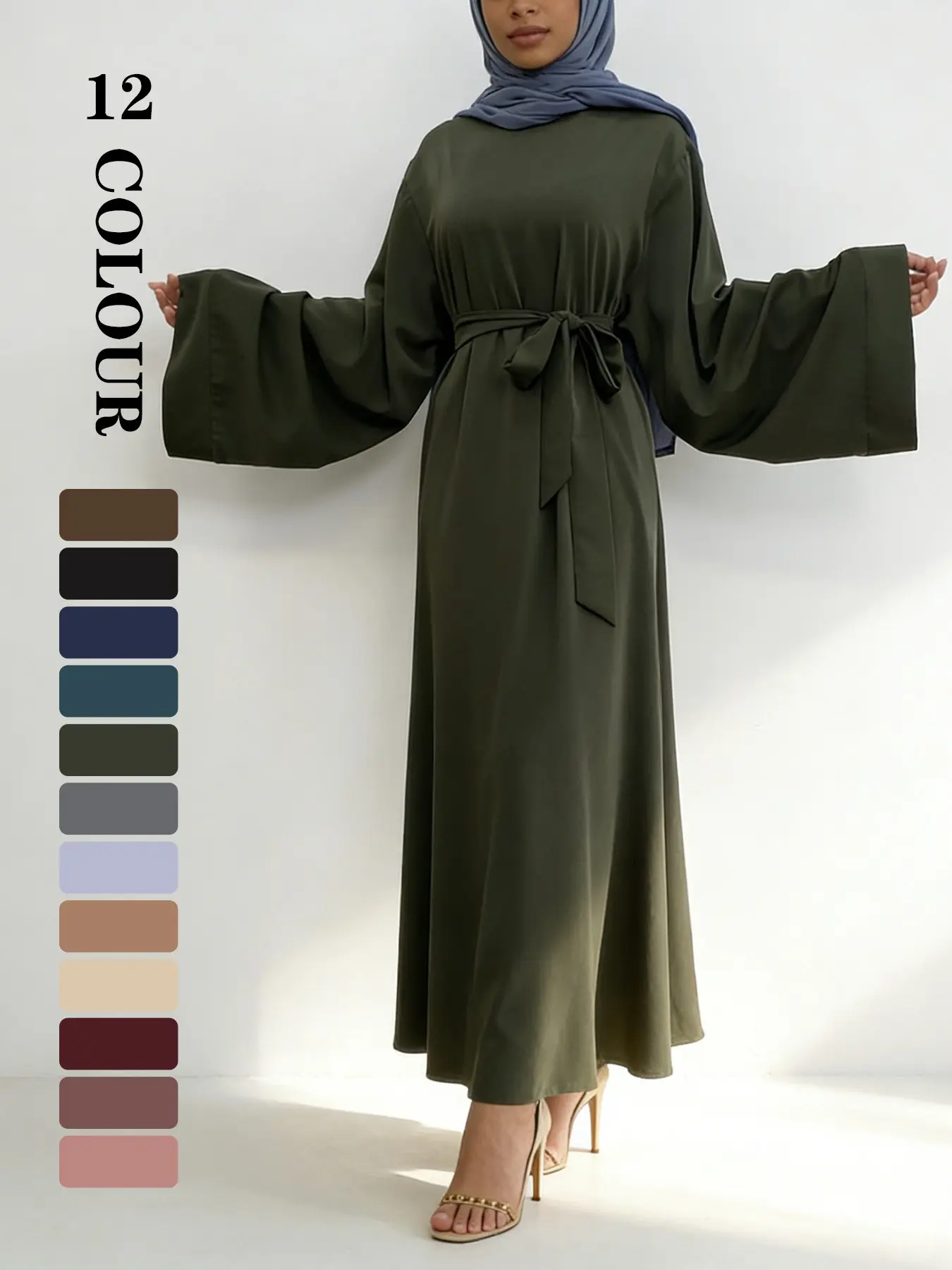 Women's Solid Long Sleeve Belted Lounge Dress, Casual Comfy Round Neck Loose Long Dress for Daily Home Wear, Muslim Arabic Abaya, Ladies Islamic Clothes, Modesty Muslim Clothing, Modest Style Dress, Modest Outfit for All Seasons