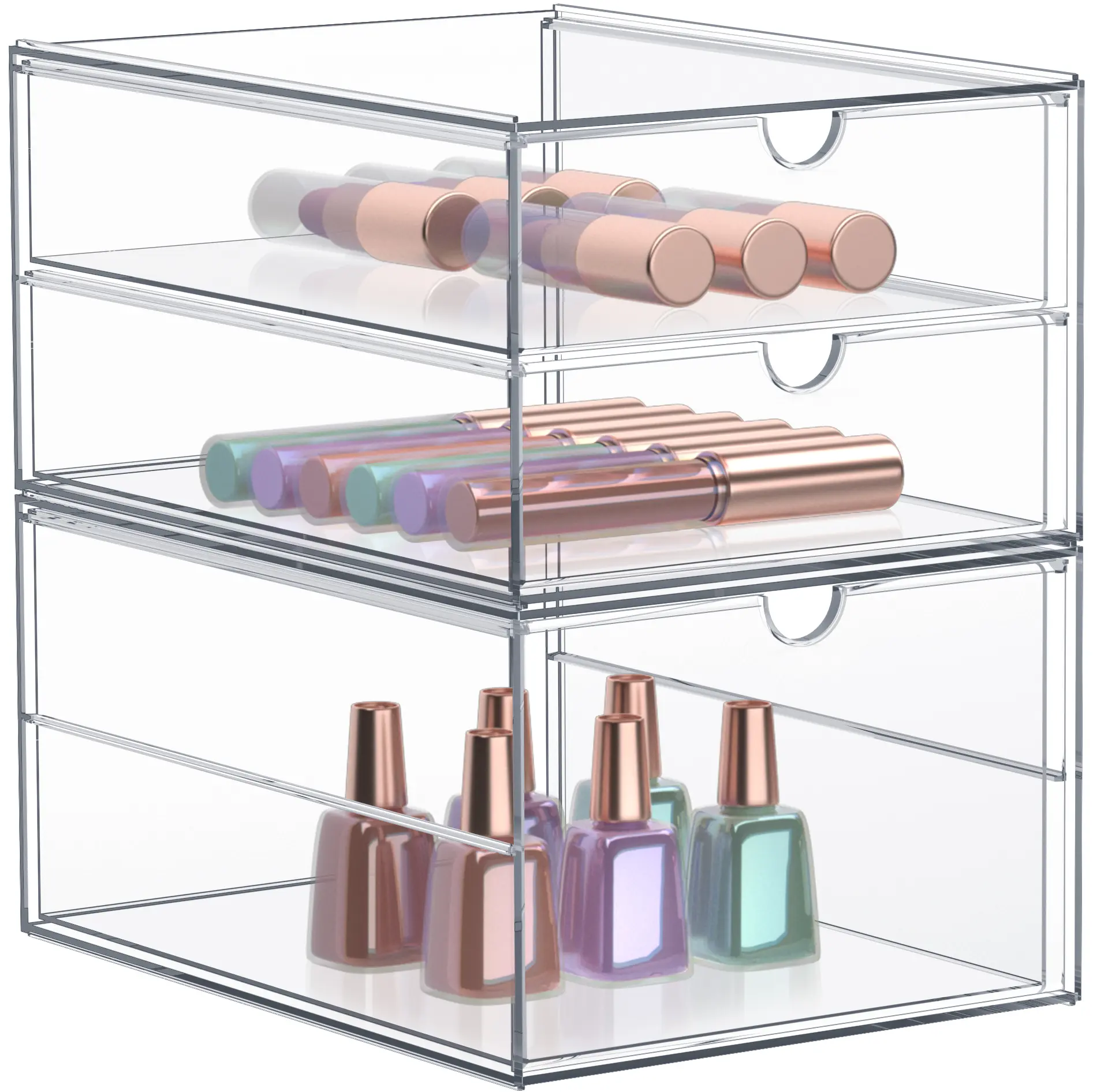 Sorbus Rectangular Acrylic Makeup Organizer - Space Saving Organizer with 3 Drawers, 2 Stackable Bins, Smooth Containers, Clip On Feature for Vanity, Dresser Organization & Beauty Storage Solutions, Vanity Organization