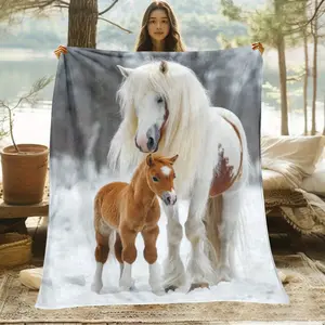 White Horse and Little Horse in Snowflake Pattern HD Printed Blanket - Lightweight Flannel Blanket, Suitable for Sofa, Bed, Travel, Living Room, Office, Sofa and Bed - Digital Printed Wool Blanket, Made of Soft and Warm Flannel Fabric, Adult