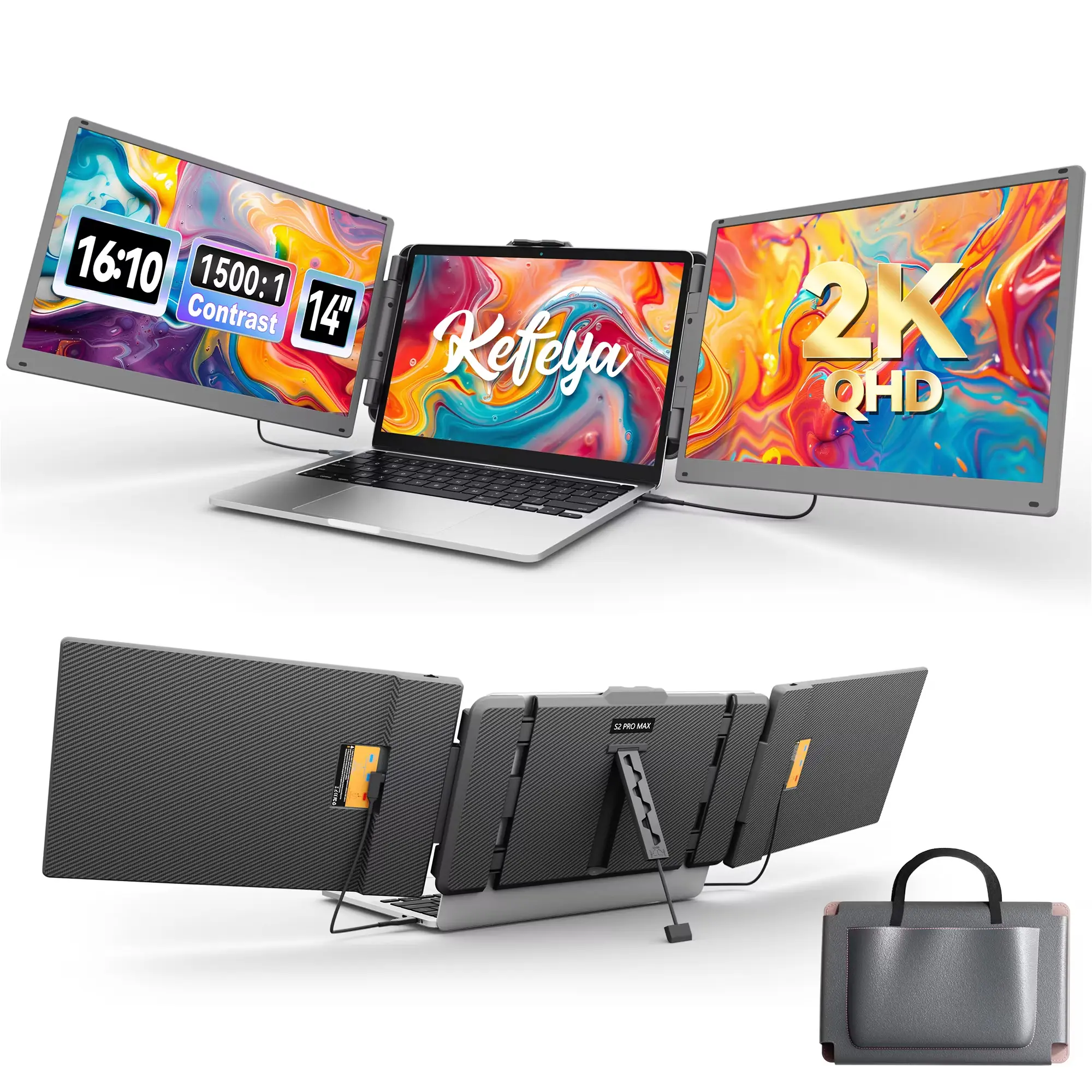 KEFEYA Laptop Screen Extender, 14" Portable Monitor for Laptop, 1440P QHD Triple Screen Monitor Extender for 13"-17" Laptops Display , HDMI/USB-C for MacBook, Windows, Chrome, Switch, Plug & Play computer accessory summerwins built-in battery tiktokshopba