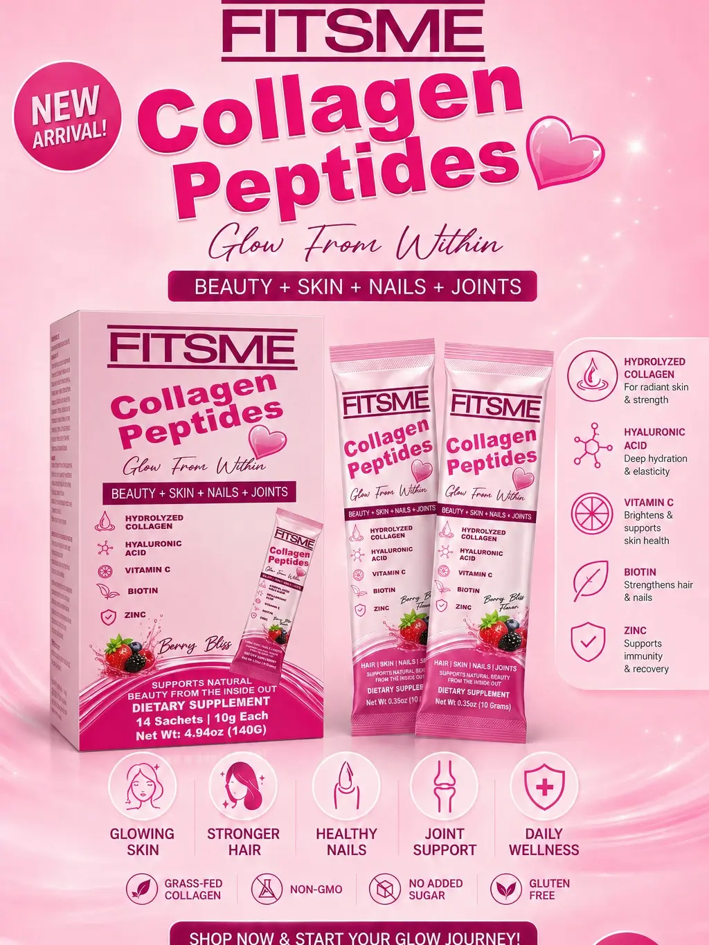 Fitsme Collagen Peptides Glow from within 14 Sachets Berry Bliss