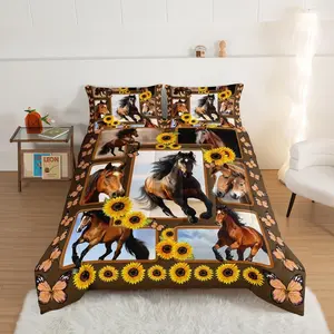 3PCS Sunflower and Horse Printed Quilted Quilt Combination (1 Quilt+2 Pillowcases, without Pillow Core), with 200gsm Quilt Filler, adopting U-shaped Quilting Technology, soft and breathable, suitable for dormitory bedroom decoration, multiple size choices