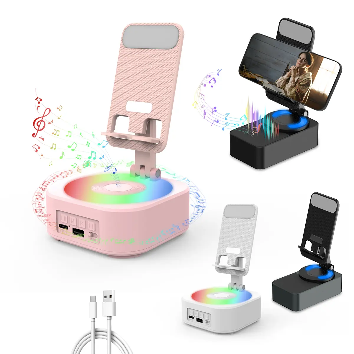 MEKO Wireless Audio Bluetooth Speaker 5in1 Phone Holder Emergency Rechargeable with Colorful Ambient Light 300° Foldable for Tablet iPhone Android, Gifts for Men Women ,Pink