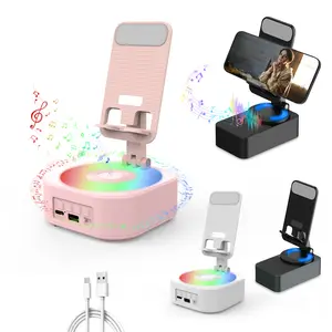 Wireless Audio Bluetooth Speaker 5in1 Phone Holder Emergency Rechargeable with Colorful Ambient Light 300° Foldable for Tablet iPhone Android, Gifts for Men Women ,Pink
