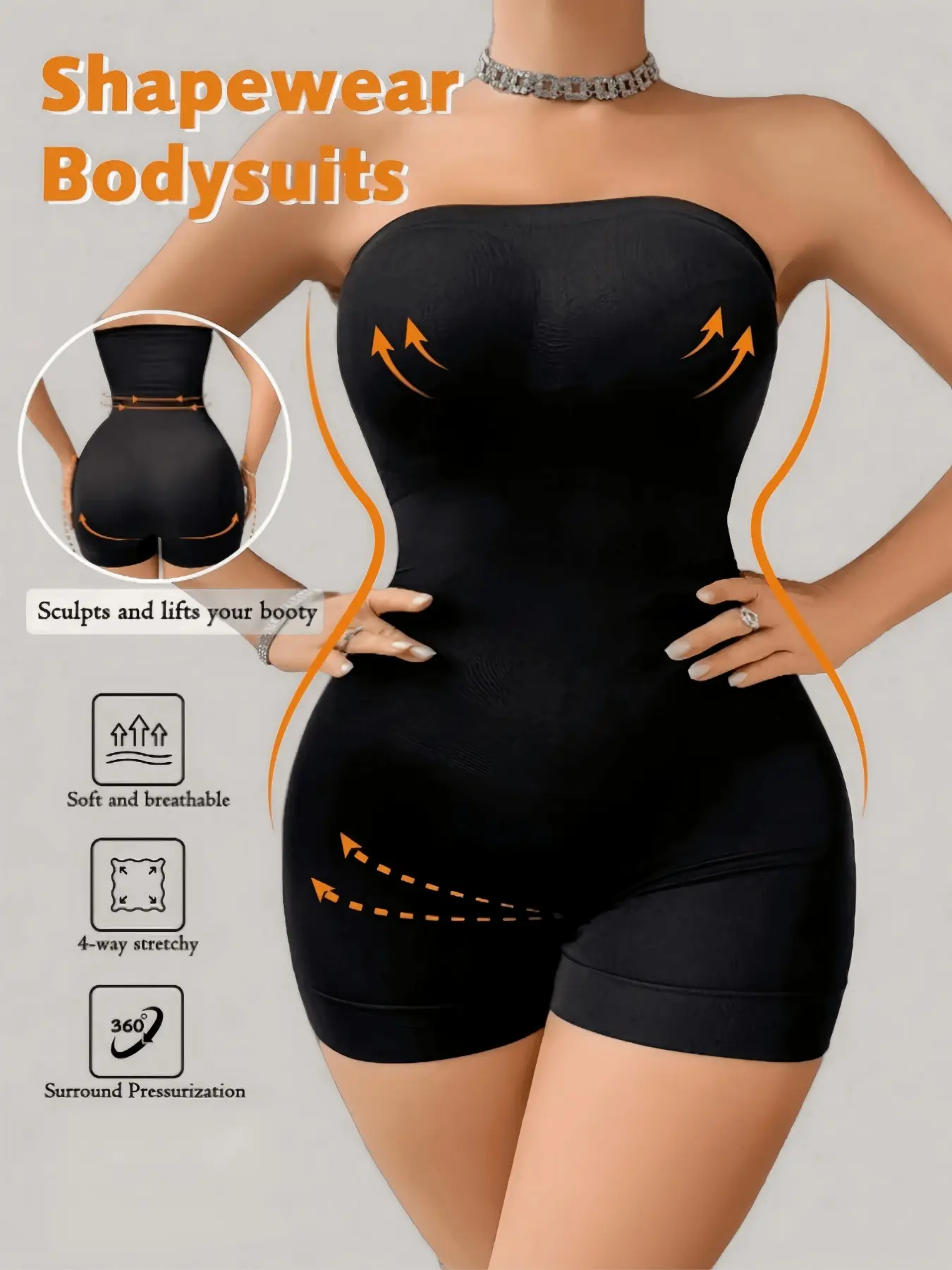 1 Women's Strapless Seamless Shapewear, Stretch Sculpting, 360° Surround Pressurization, Butt Lifting & Tummy Control Shapewear, Firm Support No-Show Jumpsuit, Soft Breathable 4-Way Stretch, Black