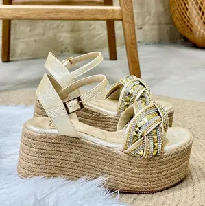 PEREZ 8 cm Wedge Sandals for Women Comfortable Soft Daily Wear with Beaded Knot Design Espadrille Sole Ideal for Walking Shoes - Girl