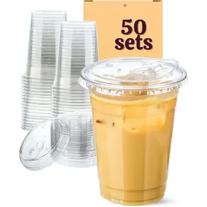 16 oz Clear Plastic Cups with , 50 Sets Disposable Plastic Iced Coffee Cups with Strawless Sip-, To Go Coffee Cup for Smoothie, Milkshake, Cold Drinks