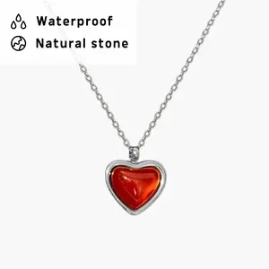 en route Carnelian Stone Heart Necklace in Silver, Waterproof Design with Natural Carnelian, Everyday Classic Jewelry for Chic Styling