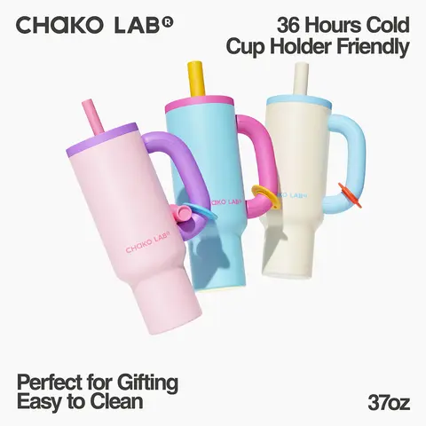 CHaKO LAB BaWangCup 37oz (1050ml) BPA-Free Stainless Steel Ceramic-Lined Vacuum Flask - ABS Material, Disassemble Design, Colorful Silicone-Enhanced Portable Iced Coffee Tumbler with Built-In Straw, Car-Stable Insulated Coffee Thermal Cup for Adults